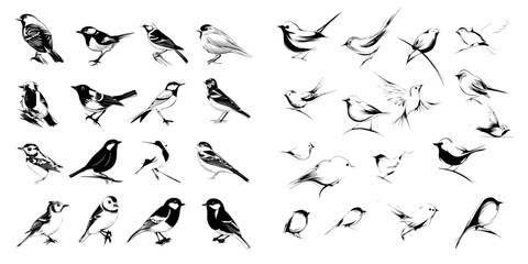 Ornithology illustrations and nature clipart often incorporate modern graphics, including black and white bird silhouettes in various poses, such as perched and flying birds, with detailed shapes and