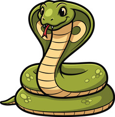 Fototapeta premium Cartoon cobra shows its hood and tongue. Illustration of a venomous snake, wildlife art.