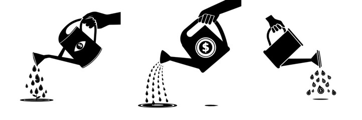 The image of hand pouring water droplets from a watering can represents growth, while a coin and an eye highlight the importance of financial investment, focus, and vision in business