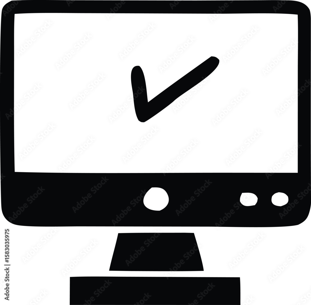 Fototapete a simple black and white doodle illustration of a computer monitor displaying a large checkmark symb