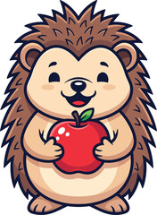 Cute cartoon hedgehog holds a red apple. Animal illustration, adorable character, smiling wildlife, food