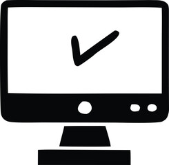 A simple black and white doodle illustration of a computer monitor displaying a large checkmark symbol on its screen