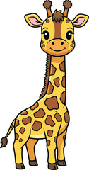 Fototapeta premium Cartoon giraffe stands tall and smiles sweetly. Cute illustration, playful character, kids animation, wildlife animal.