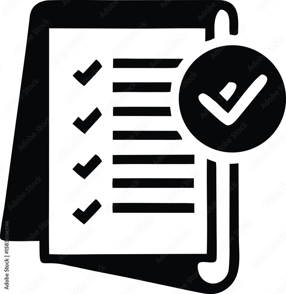 Poster black and white icon representing a completed checklist with multiple items marked as done and a lar
