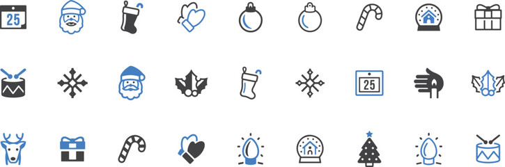 Christmas Ornament & Winter Holiday Icon Set – Festive, Gift, Celebration, Tree, Bell, Star, Snow, Minimal, Line, Blue, Joy, Holiday, Season, UI, Decor