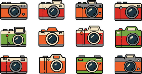 Collection of retro pixel art cameras on blue background. Nostalgic design, vintage style, 8-bit aesthetic.