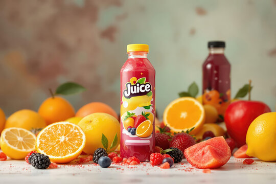 Vibrant fruit juice bottle with a colorful label, surrounded by a variety of fresh mixed fruits on a white surface, emphasizing natural flavors.