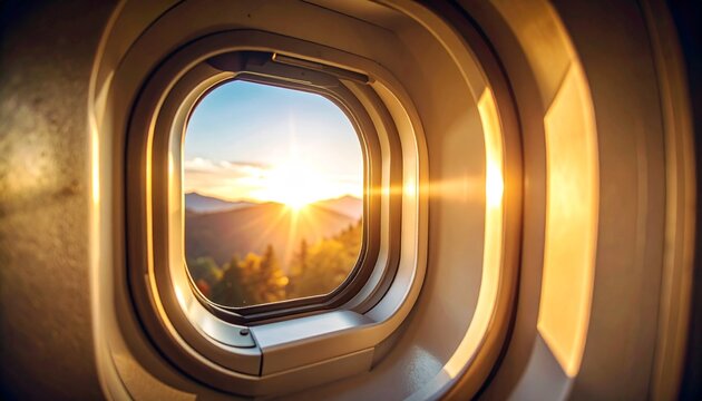 Airplane window view showcasing a bright sunset over a mountain range covered with trees, creating a warm, golden light. - Powered by Adobe