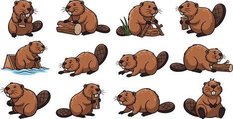 Cartoon beavers perform various activities. Cute animals, wildlife, dam building, construction, environment.