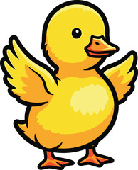 Cartoon duckling flaps its wings joyfully. Cheerful yellow bird, cute animal illustration, comic animation.