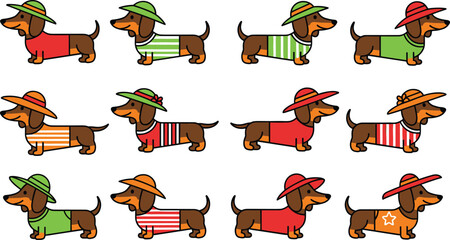 Cartoon dogs wear outfits with summer hats. Cute dachshund illustrations, colorful, fashion, fun, playful.