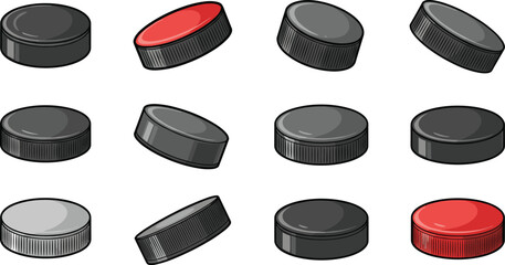 Several pucks are displayed in a grid pattern. Ice hockey equipment, sport, game, objects, collection, surface