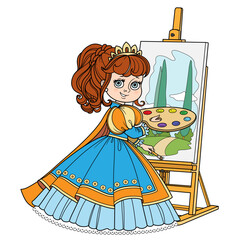 Beautiful princess in lush blue dress with a palette, brush and easel on white background