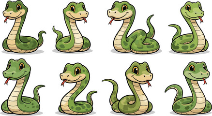 Green cartoon snakes pose with tongues out. Reptile illustration, serpent drawing, animal character, cute mascot