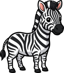 Cartoon zebra stands on white background. Black and white stripes, animal illustration, cute and friendly.