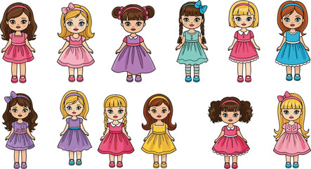 Collection of cartoon dolls in various dresses and hairstyles stand. Childhood, toys, paper doll, play, fashion, cute, pretty, lovely, adorable