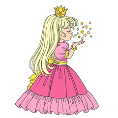 Beautiful blond princess girl in pink dress blows off the magic shiny stars on white background