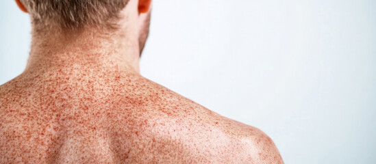 Fototapeta premium Close-up of male back with freckles and moles, detailed skin texture, highlighting dermatology, pigmentation, and natural human body features on neutral background.
