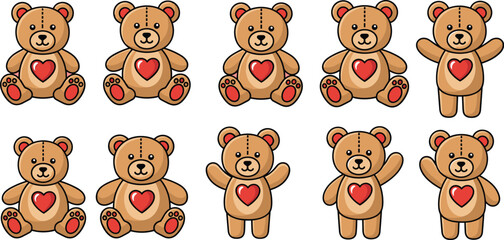 Teddy bears with heart are on pink background. Cartoon, cute, toy, love, valentine, plush, cheerful, happy