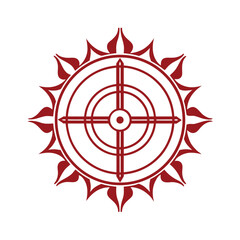 Crimson sunburst emblem with geometric center circular