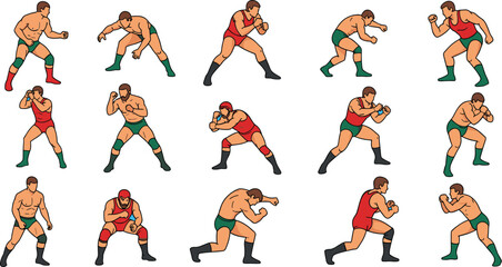 Wrestlers in different fighting stances are depicted. Fighting poses, combat sports, wrestling actions, competition training