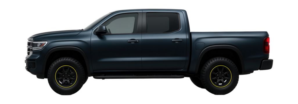 Double-cab pickup with chrome grille and black side steps