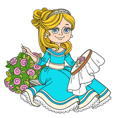 Beautiful princess sitting on a bench near a bush of roses and embroiders on white background
