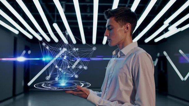 Man holding digital tablet with hologram. Network visualization projects above device. Man studies data structure in cyber environment. Technology, cyber, and data dominate innovation space.