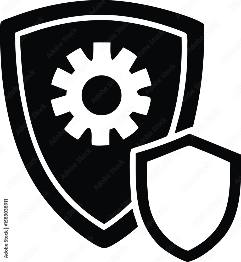 Poster abstract shield icon with a gear symbol inside representing security protection and operational effi
