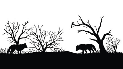 Silhouette of Two Wolves Walking in a Dark, Grassy Field with Bare Trees and Bird