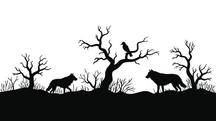 Silhouette of Two Wolves and a Crow on a Bare Tree Branch in Nature