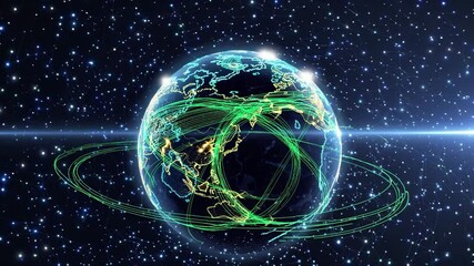 Green lines form digital paths on planet. Earth wrapped in global internet links. Communication flows through network system. Digital data covers planet. Technology supports connection growth - Powered by Adobe