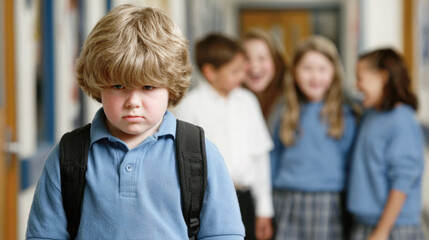 A sad overweight school boy with a backpack stands alone in the hallway while a group of classmates laugh in the background, illustrating bullying, social isolation and emotional stress at school.