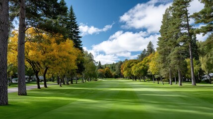 Obraz premium Scenic view of a lush green landscape with trees and a blue sky