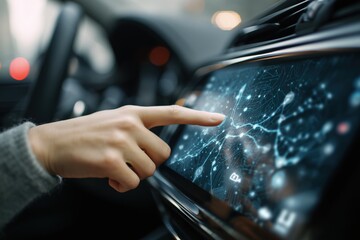 Woman's hand gently touching a vibrant, glowing digital touchscreen display, likely in a modern vehicle or control panel, showcasing intricate data or a map. 