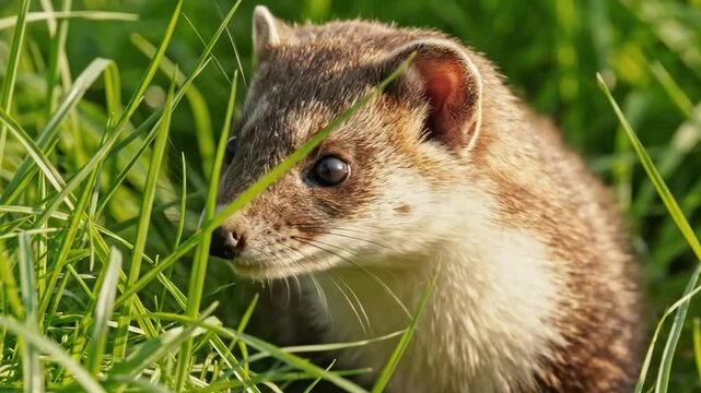 Stoat, also known as an Ermine, Hunting Through the Grass, Stoat Posing in a Grassy Landscape on a Sunny Day 