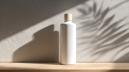 A minimalistic studio shot of a white bottle on a wooden surface, bathed in soft sunlight, with shadows of leaves dancing on the wall. The image exudes a sense of calm and natural beauty.