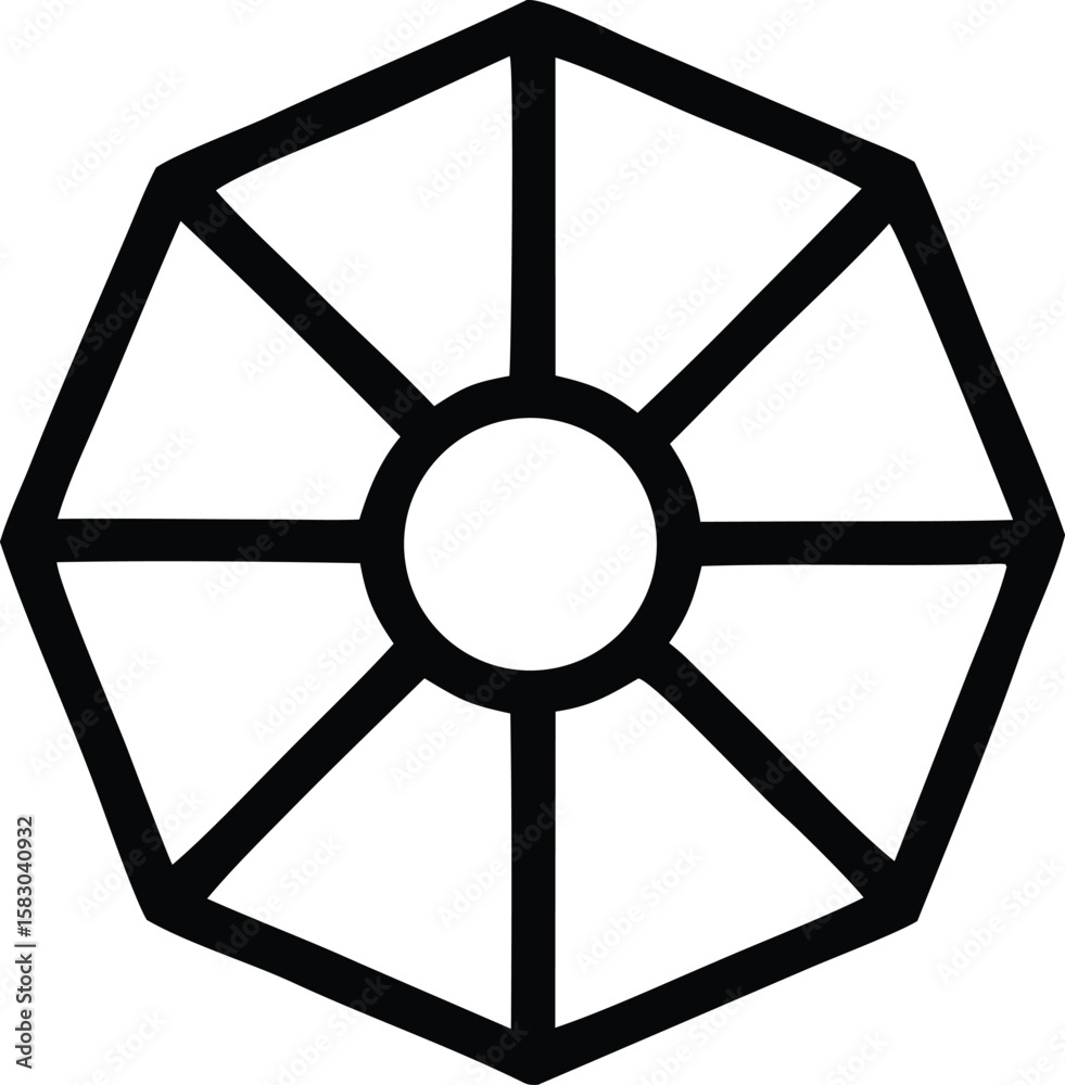 Poster a stylized black geometric symbol featuring a circular center with eight radiating lines forming an 