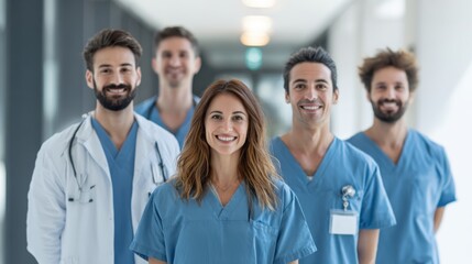 Fototapeta premium A group of smiling medical professionals in a hospital hallway. They are wearing scrubs and coats and appear confident and friendly.