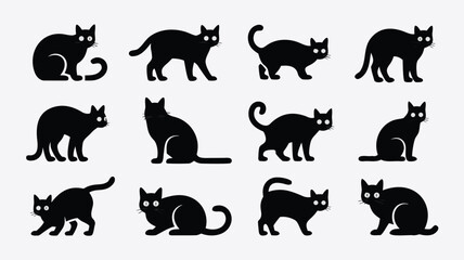 Fototapeta premium Twelve Black Cat Silhouette Illustrations in Various Poses on a Light Gray Background
