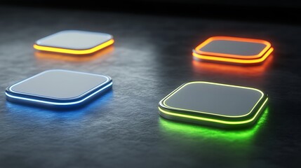 Four glowing square buttons on a dark surface