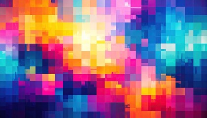 Abstract digital painting featuring a vibrant and dynamic composition of colorful geometric squares and rectangles.