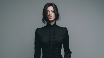 Fototapeta premium A woman dressed in a black formal outfit, a confident posture and a captivating gaze. This studio portrait captures her essence and allure