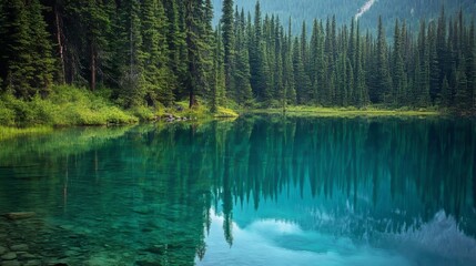 Peaceful lake surrounded by trees with calm, clear waters
