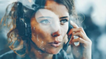 At the call centre, a listening agent with a digital overlay is handling calls while wearing a headset. - Powered by Adobe