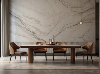 Interior design of modern dining room or living room, marble table and two chairs in the middle