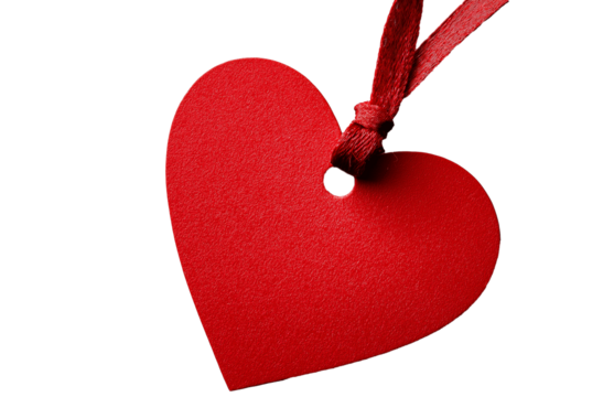 A textured red heart shape hangs from a red ribbon on a textured transparent background.