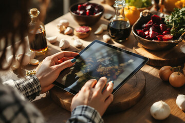 Person holding a tablet displaying a recipe, surrounded by various fresh cooking ingredients like garlic, beets, and mushrooms on a wooden table, emphasizing digital recipe use.