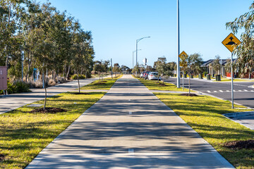 Wide pedestrian and bike path in a new residential estate in Wyndham Vale, Melbourne, Australia....