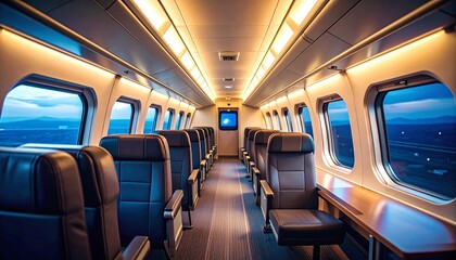Interior view of a modern train car with comfortable seating, large windows offering scenic views, and warm overhead lighting.
